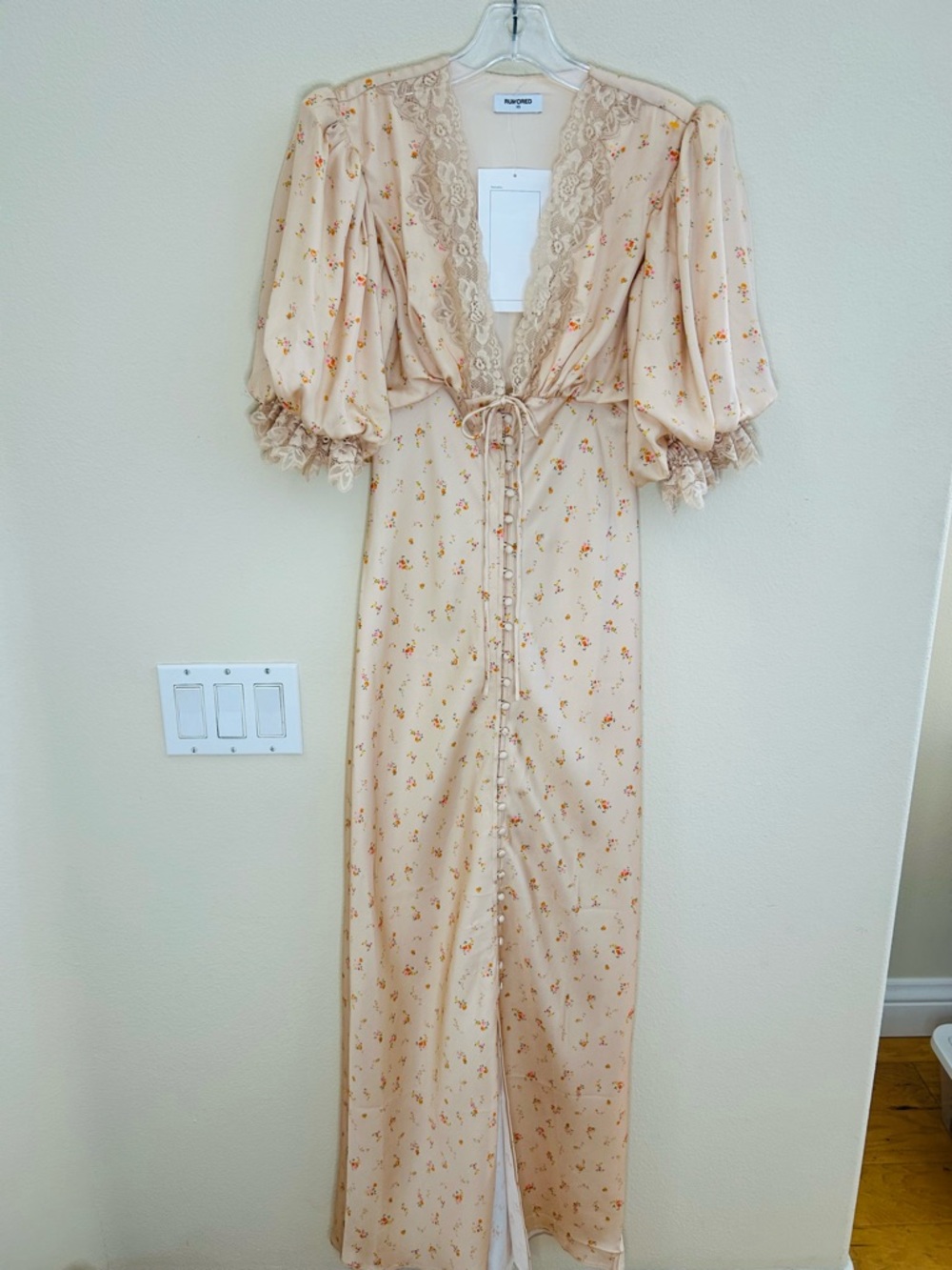 Rumored Duster Maxi Dress X Small V Neckline Plunge Dainty Floral Lace Trim